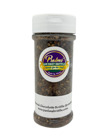 Handcrafted Almond Chocolate Coconut Brittle Sprinkles featuring crushed golden brittle pieces with dark chocolate swirls, toasted coconut flakes, and premium almond bits in a clear resealable jar