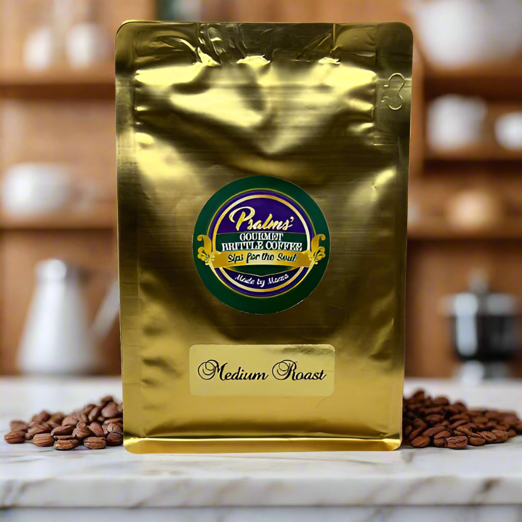Psalms Gourmet Brittle Coffee in Medium Roast featuring premium coffee beans with signature brittle-inspired flavor in an elegant branded coffee bag
