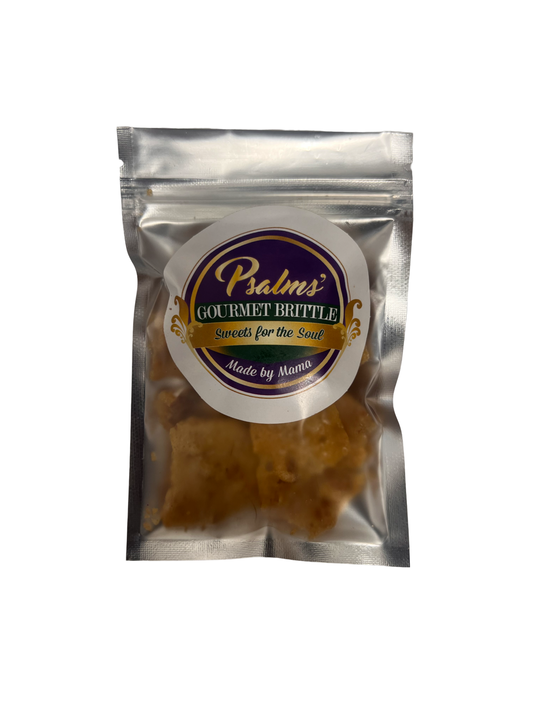 Psalms Gourmet Brittle Free Sample Bag featuring a complimentary tasting of handcrafted artisanal brittle in an elegant sample-sized package