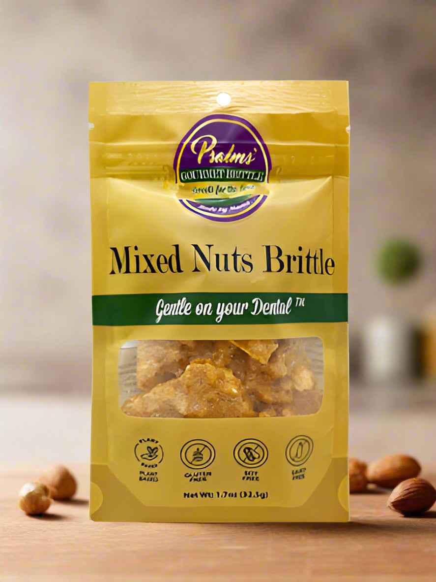 Psalms Gourmet Mixed Nuts Brittle featuring a luxurious blend of premium pecans, cashews, almonds, and peanuts in golden-amber handcrafted brittle showing perfect caramelization