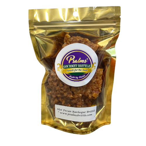 Psalms Gourmet Hot Pecan BBQ Brittle featuring spicy-sweet handcrafted brittle with premium Georgia pecans and signature barbecue seasoning showing perfect golden caramelization