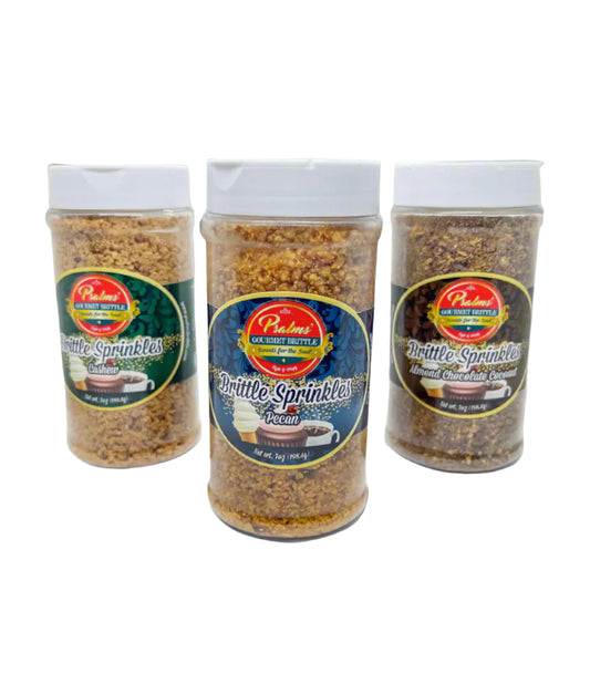 3 Pack Brittle Sprinkle Bundle featuring three jars of handcrafted Pecan, Cashew, and Almond Chocolate Coconut brittle sprinkles