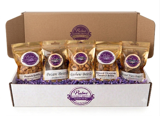 Super Nibble Brittle Box (5 pack) Flavors of Pecan, Cashew, Almond Chocolate Coconut, Peanut and Mixed Nuts