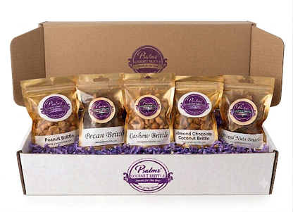 Super Nibble Brittle Box (5 pack) Flavors of Pecan, Cashew, Almond Chocolate Coconut, Peanut and Mixed Nuts