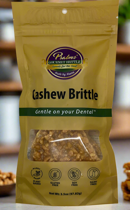 Psalms Gourmet signature package of Cashew Brittle with clear window displaying fresh handcrafted candy with premium whole cashews