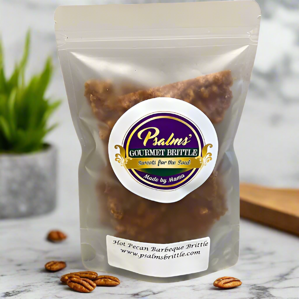 Psalms Gourmet Hot Pecan BBQ Brittle featuring spicy-sweet handcrafted brittle with premium Georgia pecans and signature barbecue seasoning showing perfect golden caramelization