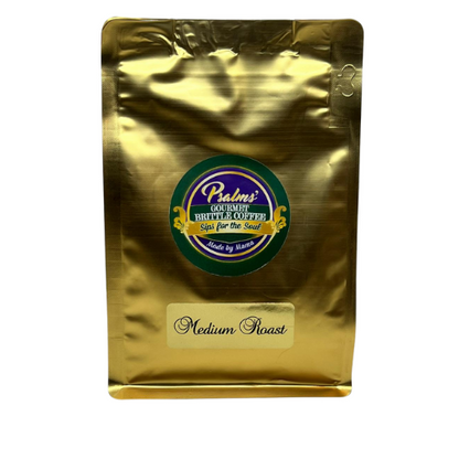 Psalms Gourmet Brittle Coffee in Medium Roast featuring premium coffee beans with signature brittle-inspired flavor in an elegant branded coffee bag