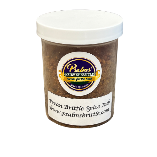 Psalms Gourmet Pecan Brittle Spice Rub featuring artisanal sweet-savory seasoning blend with crushed pecan brittle and premium spices in an elegant signature jar