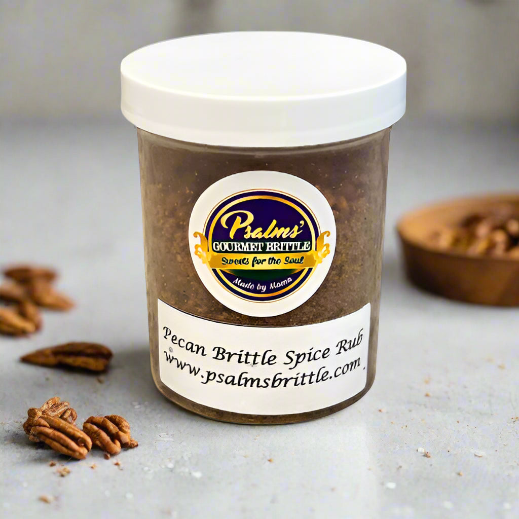 Psalms Gourmet Pecan Brittle Spice Rub featuring artisanal sweet-savory seasoning blend with crushed pecan brittle and premium spices in an elegant signature jar