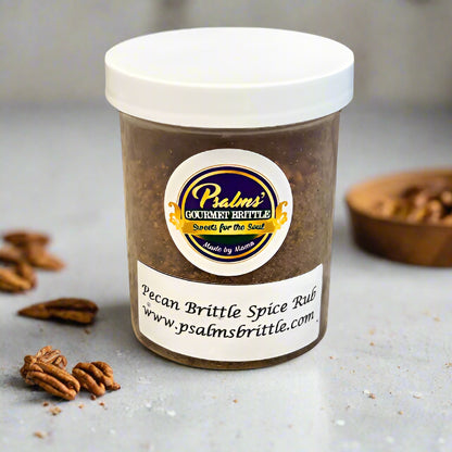 Psalms Gourmet Pecan Brittle Spice Rub featuring artisanal sweet-savory seasoning blend with crushed pecan brittle and premium spices in an elegant signature jar