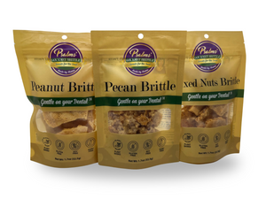 Psalms Gourmet Snack Pack Trio featuring three handcrafted brittles: classic Pecan, traditional Peanut, and premium Mixed Nuts in convenient snack-sized portions