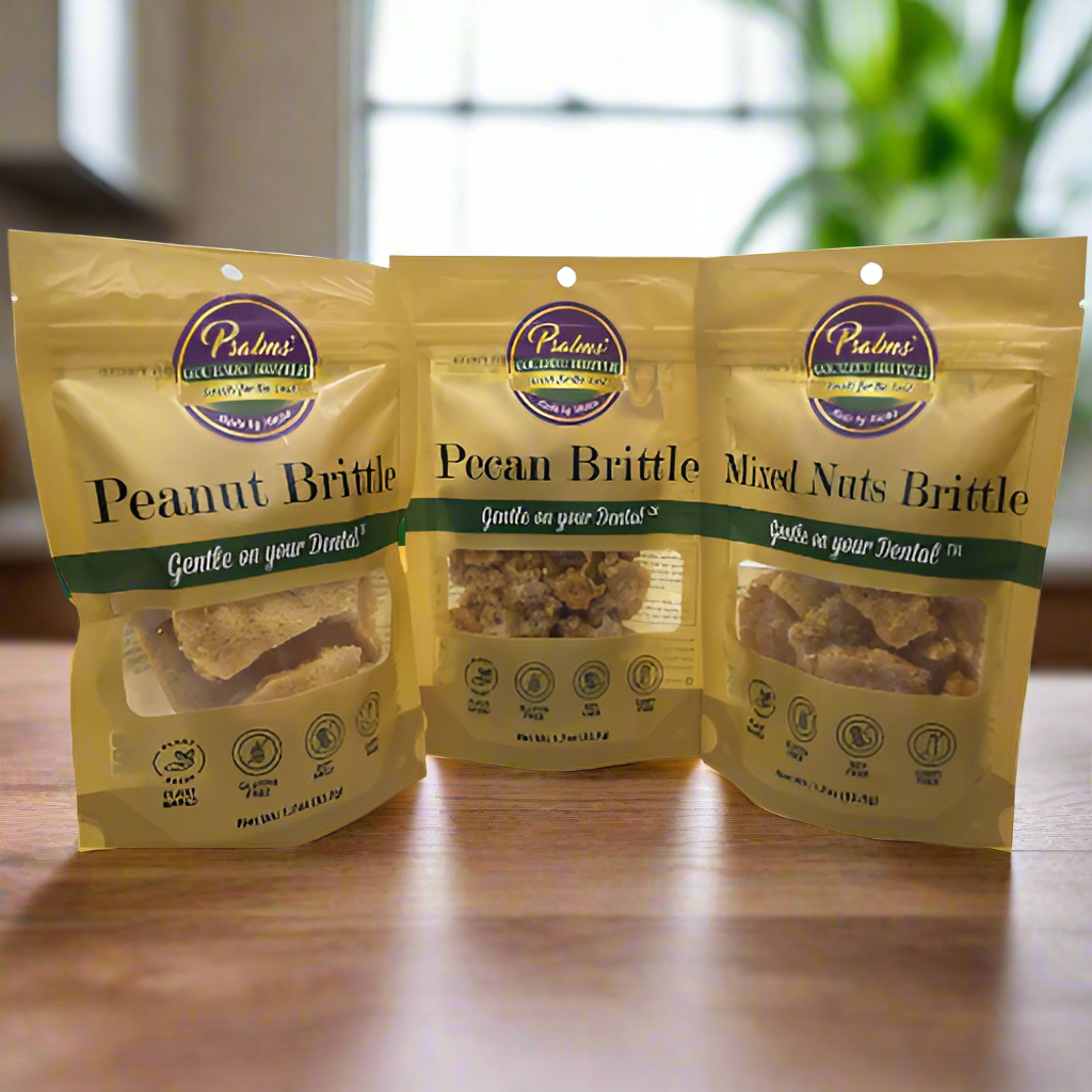 Psalms Gourmet Snack Pack Trio featuring three handcrafted brittles: classic Pecan, traditional Peanut, and premium Mixed Nuts in convenient snack-sized portions