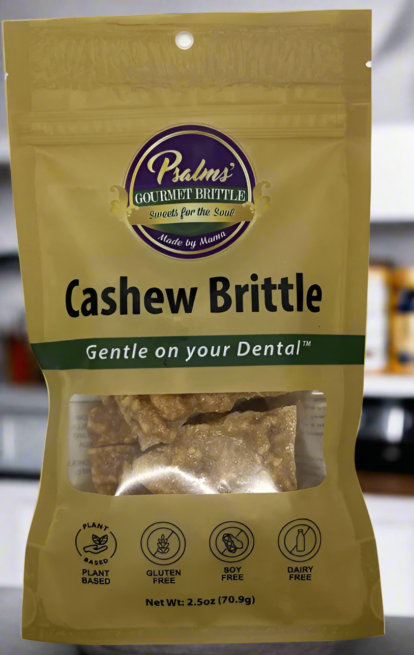 Psalms Gourmet signature package of Cashew Brittle with clear window displaying fresh handcrafted candy with premium whole cashews