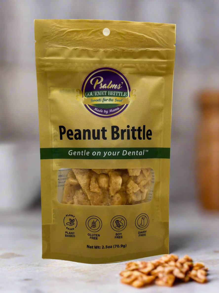 Psalms Gourmet Peanut Brittle 1.7oz featuring classic handcrafted brittle with premium whole peanuts showing perfect golden caramelization in convenient snack size