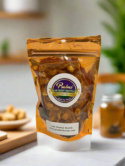 Psalms Gourmet Hot Peanut Brittle featuring spicy-sweet handcrafted brittle with premium whole peanuts showing perfect golden caramelization and signature heat blend