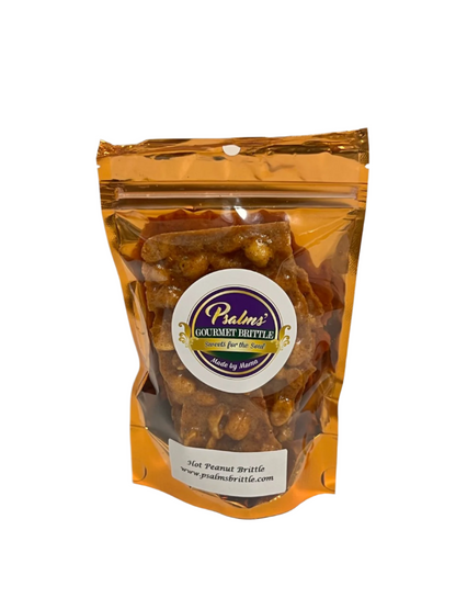 Psalms Gourmet Hot Peanut Brittle featuring spicy-sweet handcrafted brittle with premium whole peanuts showing perfect golden caramelization and signature heat blend